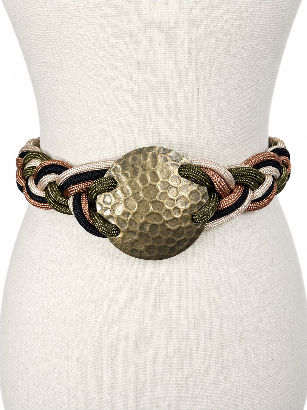 Vintage Braided Stretch Belt Oversized Hammered Gold Tone Medallion Boho